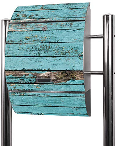 banjado® Standbriefkasten Edelstahl mit Zeitungsfach Motiv Blaue Holzlatten / Briefkasten mit Standfuß & Namensschild / Edelstahl Briefkasten freistehend - A4 Einwurf inkl. 2 Schlüssel