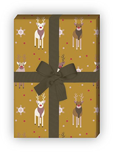 Kartenkaufrausch Süßes Rudolf Rentier Weihnachts Geschenkpapier Set als edle Geschenk Verpackung, 4 Bögen Musterpapier, Dekorpapier zum basteln 32 x 48cm, auf beige