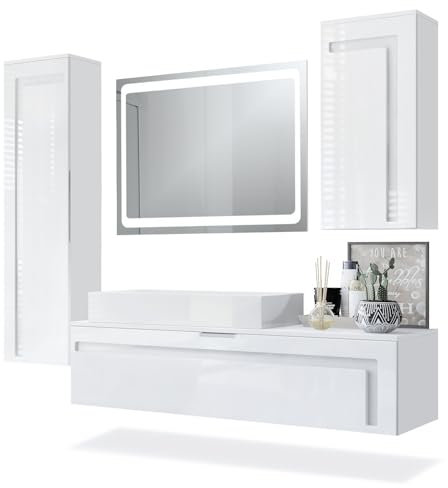 Vladon Badmöbel Komplettset Aloha, Made in Germany, Korpus in Weiß matt/Fronten in Weiß Hochglanz mit Absetzungen in Weiß Hochglanz, mit Aufsatzwaschbecken und LED Spiegel
