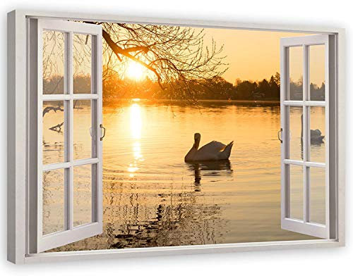 Feeby Wandbild - Wohnzimmer Modern Deko - See Sonnenuntergang - 120x80 cm XXL 1tlg - Bilder Leinwand - Bild auf Leinwand Schlafzimmer - Leinwandbilder für die Wand - Canvas Painting - Fotokunst
