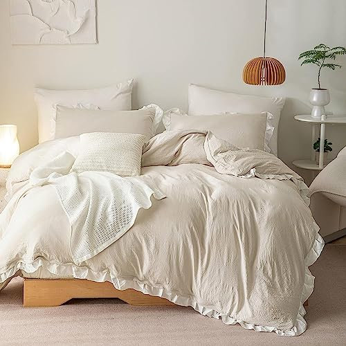 Lanqinglv Bettwäsche 200x200cm Beige Weiß mit Rüschen,aus 100% Weiche Microfaser Doppelbett - Wende Bettbezug 200x200cm + 2 Kissenbezug 80x80cm,mit Reißverschluss