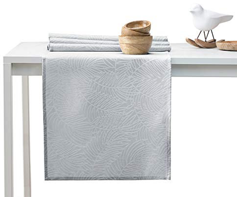 AmeliaHome Tischläufer 40x120 cm Lotuseffekt Wasserabweisend Blätter Silber Gaia