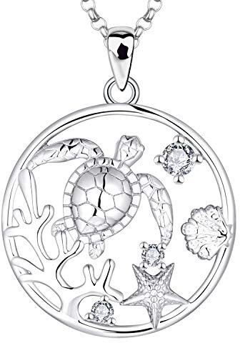 JO WISDOM Damen Kette Silber 925,Halskette Anhänger Schildkröte Koralle Muschel Seestern mit 3A Zirkonia Ozean Schmuck,Schmuck für Frauen