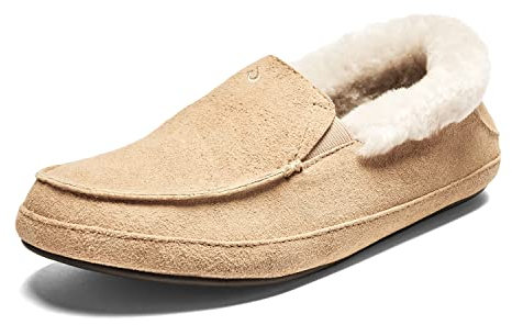 OLUKAI Ku'una Damen Slipper Leder Slip-On Schuhe Echtes Shearling Premium Leder Leicht Langlebig für den ganzen Tag Komfort, Golden Sand/Golden Sand, 36 EU