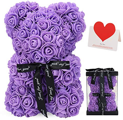 FVXR Rose Bear, Rose Teddy Bear 10 Inch Dozen Flowers Artificial Plants Decorations, Gift for Valentines Day, Mothers Day, Christmas,Birthday,Wedding Party Decorations with Clear Gift Box (05-Purple)