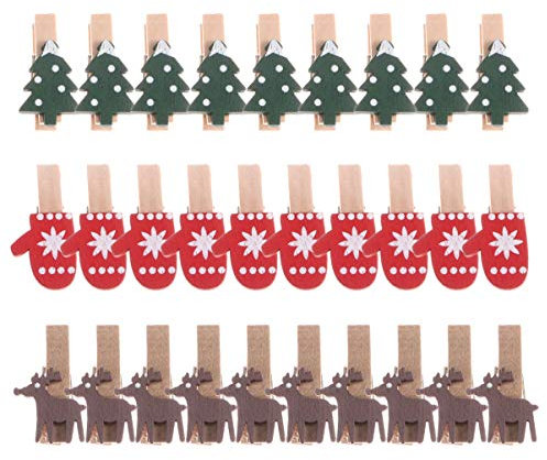 VALICLUD 30 Stücke Mini Holzklammern Holz Kleine Wäscheklammern Zierklammern Deko Klammern Basteln Foto Clips Weihnachtsbaum Rentier Handschuhe Form für Fotowand Snacks Tüten
