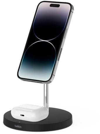 Belkin 2-in-1 Wireless Charger with MagSafe, (15W Fast Charging iPhone Charger Stand for iPhone 14, 13, 12 Series, Airpods and Other MagSafe Enabled Devices with Included Power Adapter) - Black