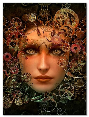 wandmotiv24 Leinwandbild Fantasy, Hochformat, Steampunk Frau, Zahnrad M0339