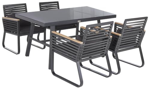 Beliani Gartenmöbel Set Aluminium Tisch 150x90 mit 4 Stühlen Auflagen schwarz Canetto