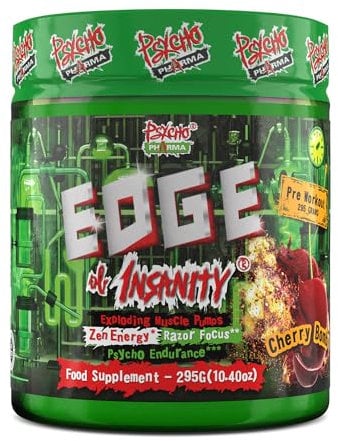 New #1 Strongest PWO Psycho Pharma Edge of Insanity - Most Intense Pre Workout Powder for, Focus, Power & Energy. Premium researched Formula and Ingredients - 295g