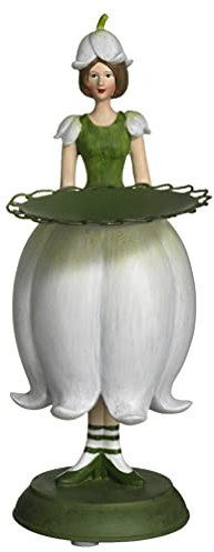 Fiebiger Floristik Blumenmädchen Maiglöckchenmädchen mit Teller Deko-Figur Garten Geburtstag Geschenk Teelichthalter Kerzenhalter, 18 cm