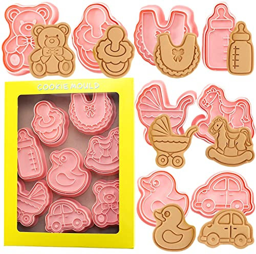 Cortador de galletas de Baby Shower-8 sellos de plástico para galletas-Molde de galletas divertidas de dibujos animados, juego de cortador de galletas de ducha 3D Bayby.