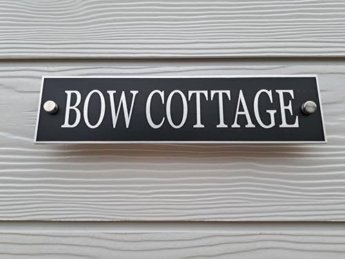 Modern House Sign Black Panel with Brushed Silver Laser Cut Lettering including Stainless Steel Stand-off Wall Mounts or Invisible Fixings, White sign option available.