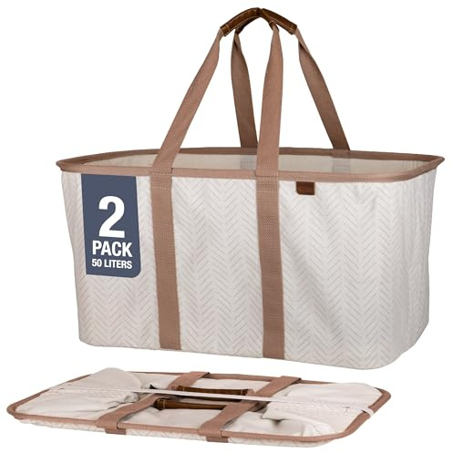CleverMade Collapsible Laundry Tote 2-Pack (50L) – Foldable Carry-All Storage Bin for Laundry, Car Trunk, RV, Dorm & Home Organization – LUXE Cotton Blend with Vegan Leather Accents, Cream