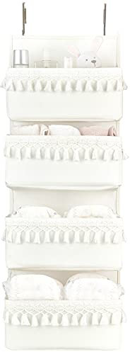 Dahey Tür-Organizer, Boho-Stil, Kinderzimmer, Dekoration, Schrank, Hängeorganizer mit Quasten, Dekoration für Schlafzimmer, Kinderzimmer, Badezimmer, Wohnheim, Speisekammer, 4 Taschen, Weiß