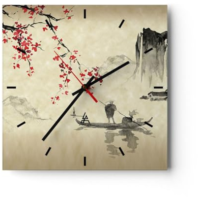 ARTTOR Modern Wanduhr Blume Kirschen Japan 40x40cm Quadrat Groß Wand Uhr Glas Analog Zimmeruhren Küche Büro Wohnzimmer Glasuhr Wall Clock Dekoration Design Wanddekoration Küchenuhr C3AC40x40-5020
