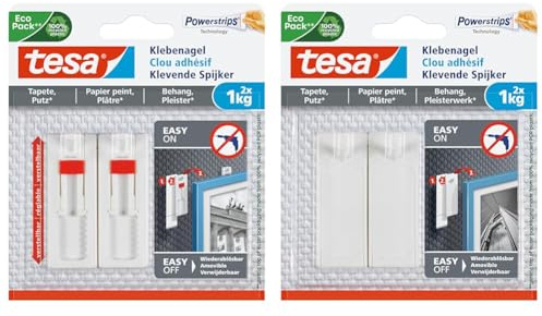 tesa Verstellbarer Klebenagel (für Tapeten und Putz 1 kg, Höhenverstellbarer, selbstklebender Wandnagel, bis zu 1 kg pro Nagel) 2er Pack & Klebenagel für Tapeten und Putz 1kg - Bis zu 1 kg