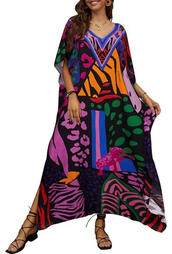 Bsubseach Caftan Femme Robe de Plage Grande Taille Longue Kaftan Maxi Ete Cache Maillot de Bain Djellaba Tunique Bohème Boho Cover Up Loungewear Robe Resort Wear Points Colorés