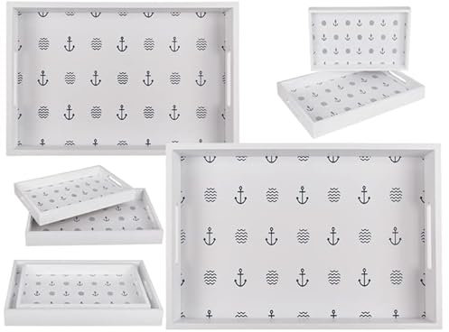 Seaside No. 64 - maritimes Serviertablett aus Holz - Frühstückstablett, Kaffeeplatte, Küchenhelfer - Anker, Wellen, streifen, blau, weiß - verschiedene Größen und Muster (Anker & Wellen, weiß, klein)