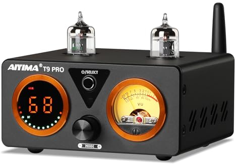 AIYIMA T9 PRO 200W Bluetooth Amplifier HiFi Digital Class D Power Amp 2.0/2.1 Channel Vacuum Tube DAC Amp with VU Meter & Bass Treble Bluetooth 5.2 Coaxial Optical PC-USB inputs (AIYIMA T9 PRO)