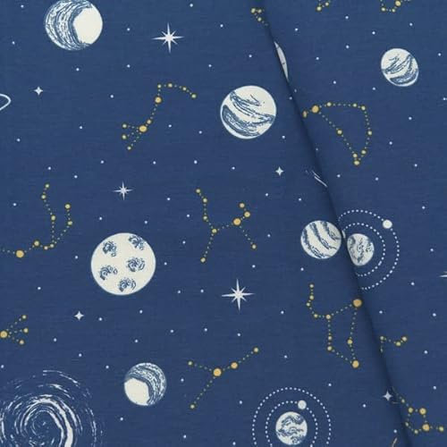 STOFFKONTOR Dekostoff Weltall Glow in the Dark - Öko-Tex Standard 100- Meterware, blau - zum Nähen von Tischwäsche, Kissen, Vorhängen, Dekoartikeln uvm.