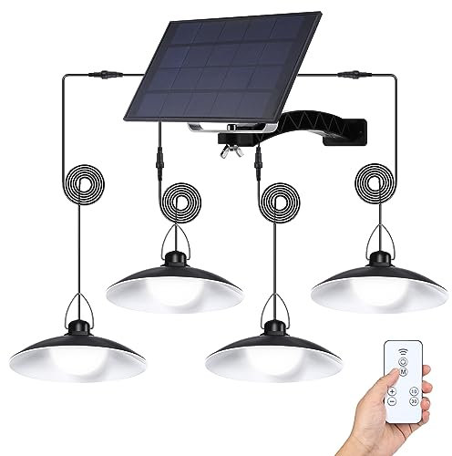 Solar Hängelampen für Außen Innen,4 Kopf Solar Pendelleuchte mit Fernbedienung,IP66 Wasserdicht Solarlampen für Außen Hängend Dimmbar Timer für Garten Balkon Terrassen Pavillon Garage,Weiß