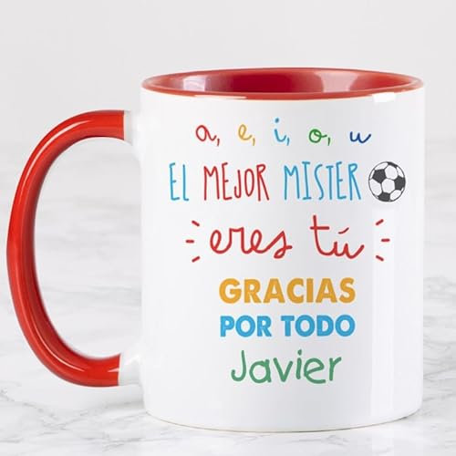 Wanapix | Taza Personalizada para Profesores | Personalizable con Nombre o Texto| Detalle Mister Futbol | Regalo para Profesores | Apta para Microondas | 325ml | Roja - Entrenador Mister