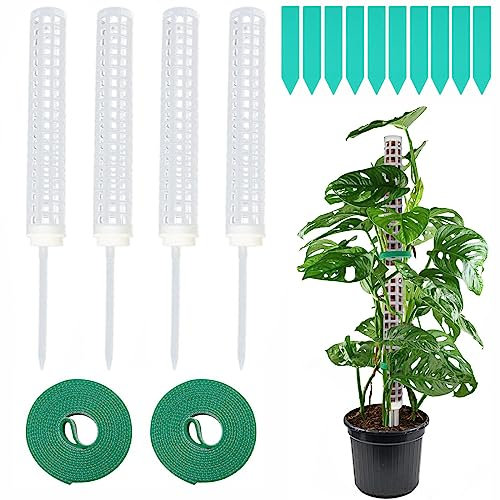 LSRVNM 4 Pièces Tuteur Monstera, Tuteurs pour Plantes Grimpantes, Moss Pole en Plastique, Tuteur Fibre de Coco, Tuteur Mousse Sphaigne, avec 10 étiquettes et 2 Rouleaux de Fermeture Velcro (Blanc)
