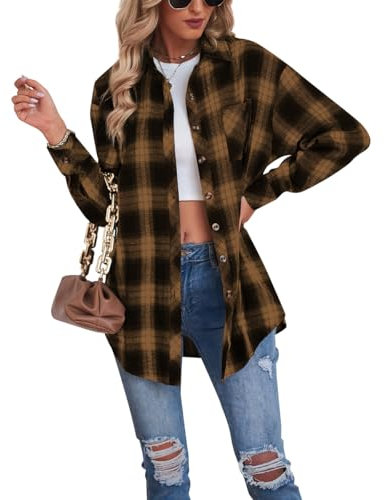 Buliezy Chemise Femme a Carreaux Manche Longue Chemisier élégant Chemise Classique Coton Plaid Veste,Kaki,XL
