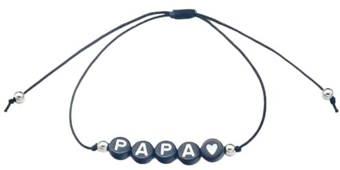 Bracelet papa en perles lettre, cordon noir réglable (Fond noir/écriture blanche)