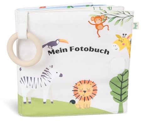 Album fotografico per bambini, in cotone biologico, con massaggiagengive e ciondolo come libro dei ricordi, per bambini a partire da 0 mesi, regalo per nascita e per abituarsi per ragazzi e ragazze