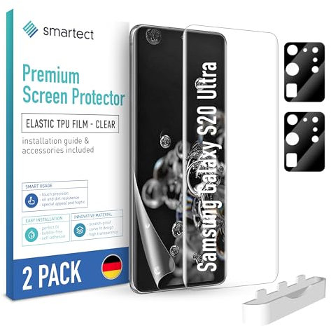 smartect TPU Schutzfolie [2 + 2 Stück] kompatibel mit Samsung Galaxy S20 Ultra, DISPLAY + KAMERA, Bedeckt das ganze Display, Bildschirmschutz Blasenfrei, Displayschutzfolie Anti Fingerabdruck