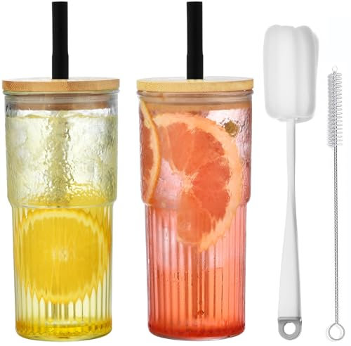 Alink 22 oz Glass Tumbler Cup with Bamboo Lid and Straw,Mason Jar Drinking Glasses, Bubble Tea Cup, Wide Mouth Glass Bottle for Smoothie, Iced Coffee, Juice, Water (Black)
