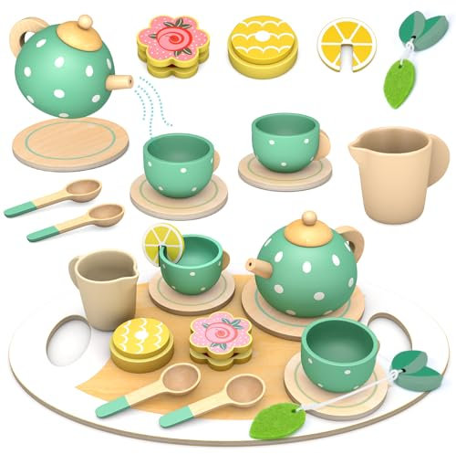 SOLMAN Gifts for Girls,Wooden Tea Set for Toddlers,Toys for Girl Gifts,Pretend Play Kids Toy Tea Set for Girls Boys Birthday