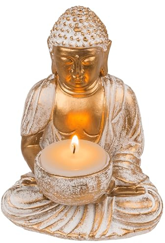 Out of the blue Buddha-Dekofigur mit Teelichthalter – spirituelle 2-in-1 Statue aus Polyresin – stimmungsvolles Boho-Accessoire ca. 14 cm für Wellness & Wohnraum