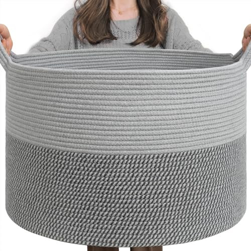TIMEYARD XXL Groß Wäschekorb, Korb Aufbewahrung, Aufbewahrungskorb Kinderzimmer, Wäschekorb Kinder, Korb für Decken, Baby Spielzeug, Korb Geflochten, 55x35cm, Grau