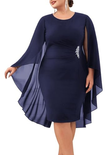 Hanna Nikole Female Plus Size Pleated Rhinestone Cocktail Dress Round Neck Evening Dress Midi Dress with Chiffon Overlay Dark Blue 22