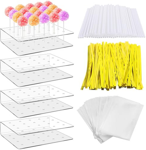 Sinofort Cake Pop Ständer,4 Stück Pop Lutscher Ständer 20 Löcher Cakepopständer,Cake Halter mit Cellophantüten,Lutscher Sticks,Metallic Twist Krawatten für Hochzeiten Geburtstagsfeiern Babyparties