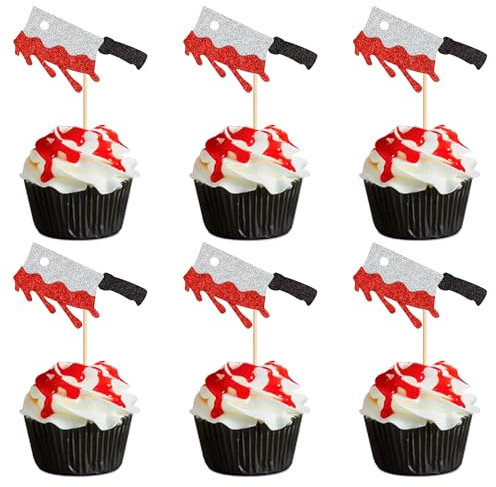 Ercadio 24 Pack Halloween Knife Tool Cupcake Toppers Glitter Halloween Knife Birthday Cake Pick for Bloody Horror Theme Birthday Baby Shower Party Cake Decorations Supplies