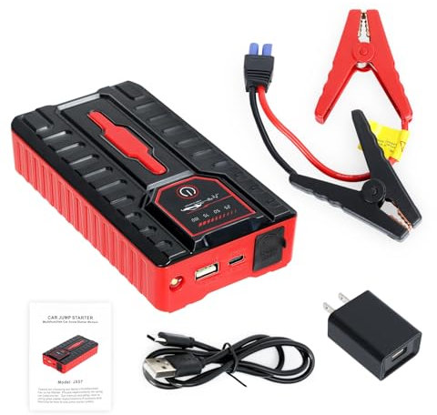 loyliawa Jump Starter Power Pack, 49800mAh Portable Charger Power Bank, Auto 12V Auto Battery Booster Pack with Smart Safety Jumper Cables, USB Charge, 3 Modes LED Flashlight Red
