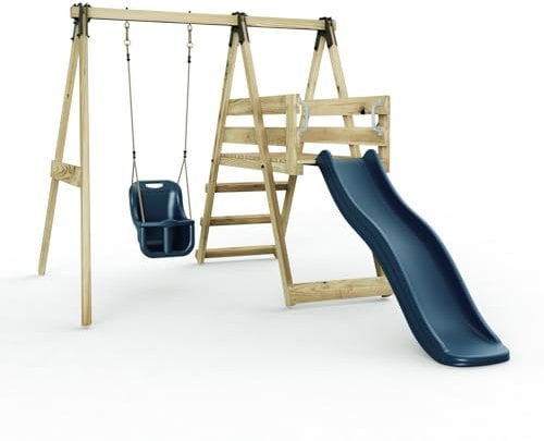Rebo Glide Wooden Single Swing Set with 6ft Slide and Swing Seat – Orchid (Navy Blue Baby Swing) | OutdoorToys | Kids Outdoor Wooden Play Equipment for Gardens, Frame & Accessories Included