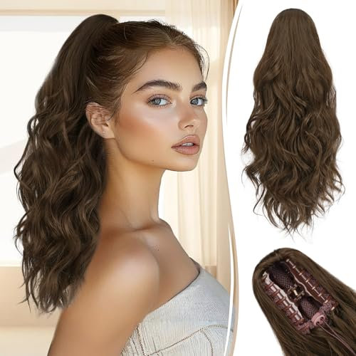 RUWISS Pferdeschwanz Haarteil mit Klammer, 45cm Gewellte Claw Clip in Pferdeschwanz Haarverlängerungen Lange Synthetik Lockigen Ponytail Extension für Frauen, Kastanie Braun