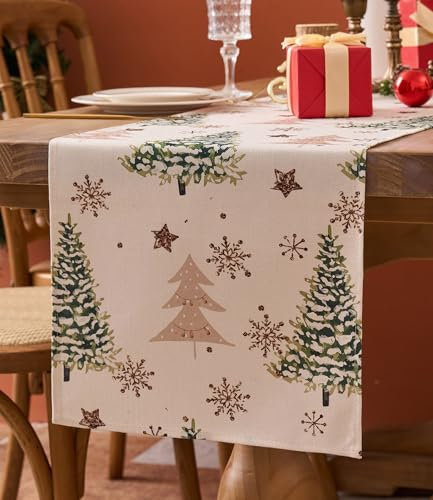 Vorysum Weihnachten Tischläufer Beige Grüner Weihnachtsbaum Schneeflocken Weihnachten Tischläufer Modern Winter Küche Tisch Dekoration Drinnen Urlaub Party Dekor 33 X 183 cm (Weihnachtsbaum