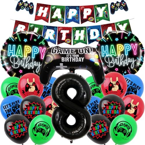 KOBOKO Videospiel Geburtstagsdeko 8 Jahre Junge, Gaming Deko Folienballon Deko 8. Geburtstag Junge, Luftballons Geburtstagsdeko Jungen 8 Jahre Gamer Deko, Geburtstag Deko Junge Ballon für Spiel Party