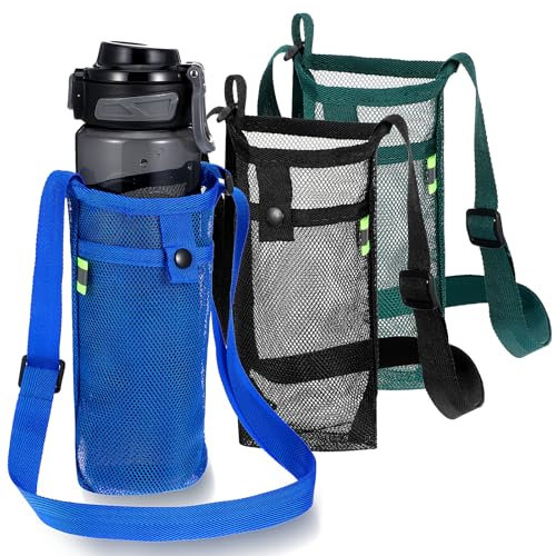 JIEYAO 3 Stück Mesh Wasserflaschenhalter, Flaschenhalter mit Verstellbarem Schultergurt Becherhalter zum Umhängen Flaschentasche Outdoor Tragbarer Trinkflasche Tasche für Camping Wandern
