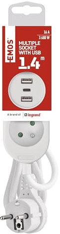EMOS - Prise multiple 2 prises avec 3 ports USB (1x USB-C, 2x USB-A), câble 1,4 m, compatible montage mural - IP20 intérieur - blanc