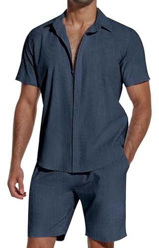 SHEKINI Men's 2 Pieces Cotton Linen Shirt Tracksuits Set Short Sleeve Button Down Shirts Summer Beach Shorts Casual Vacation Outfits Lounge Nightwear Pyjamas