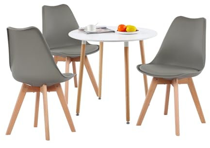 LafeuR Esstisch mit 3 Stühlen Essgruppen, Esszimmergruppe 80CM Runder Küchentisch und 3er Set Esszimmerstühle für Wohnzimmer Küche Büro(Weiß Tisch+3 Grau Stühle)