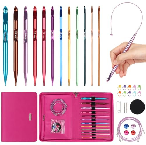 Aeelike Tunisian Crochet Hooks Set Interchangeable, Aluminium Tunisian Crochet Hooks with Cables, 12 Sizes 3mm-10mm Extra Long Interchangeable Crochet Needles for Afghan Blankets, Tunisian Crochet Set