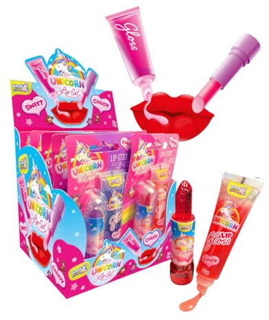Unicorn Lip Set 12er Display | 12x Lolly in Lippenstift-Halterung + 12x Candy Lipgloss | 3 Fruchtgeschmäcker | Großpackung für Partys, Wiederverkäufer & Events | (Einhorn-Design)